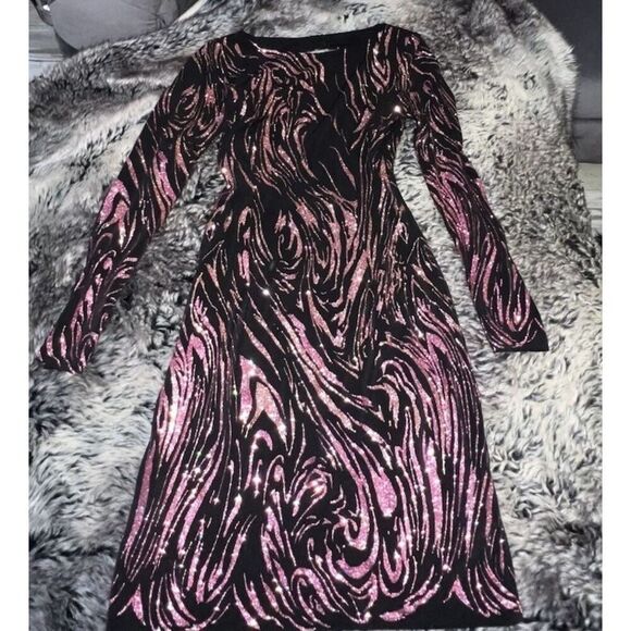 Cache Purple Black Swirl Beaded Long Sleeve Evening Cocktail Dress Sz S - Picture 8 of 15